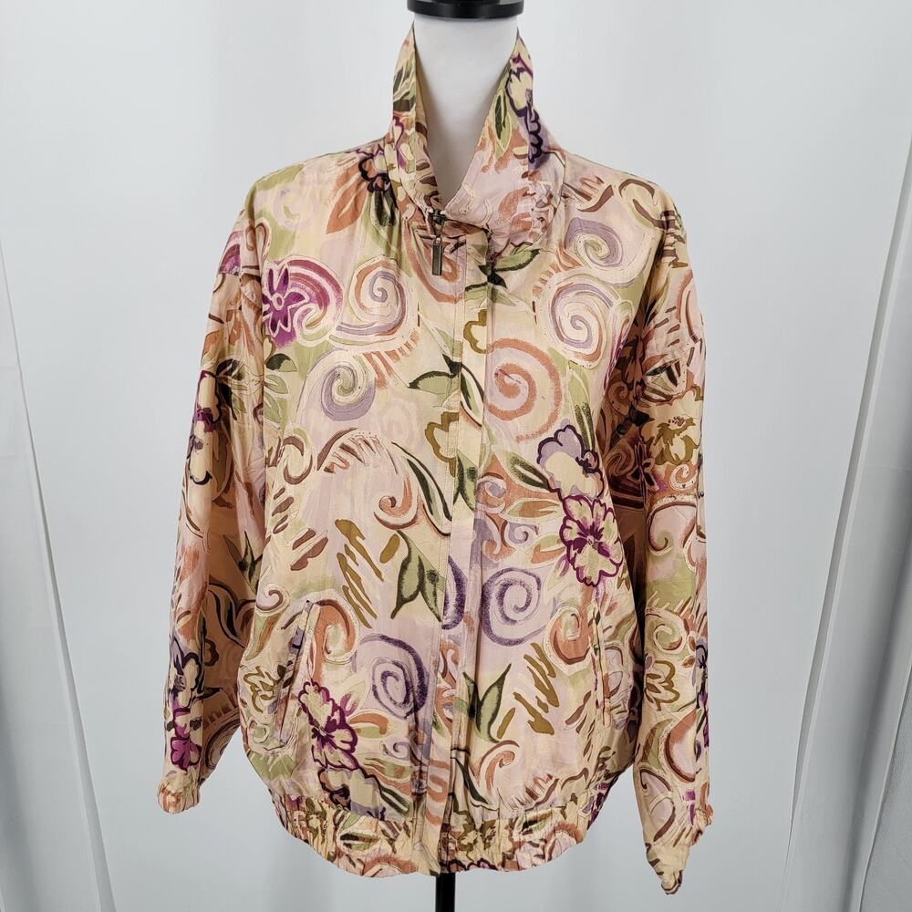 EVR Jacket Womens Large Silk Zip Up Pockets Abstract Vintage